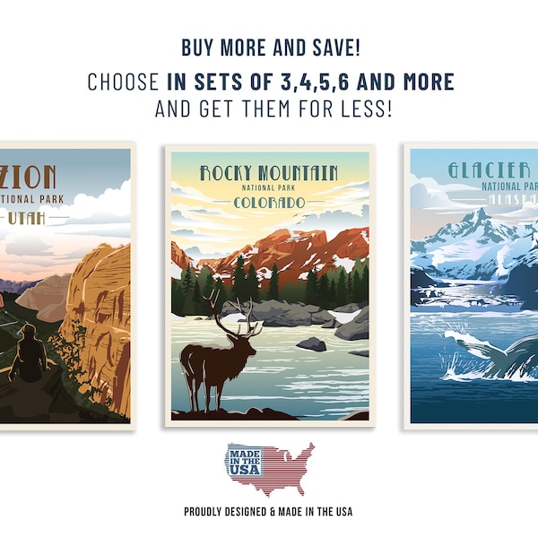 National Parks, National Park Posters, Sets of Posters, Vintage Poster Set, Mix and Match, National Park Wall Art, Rocky, Acadia, Yosemite