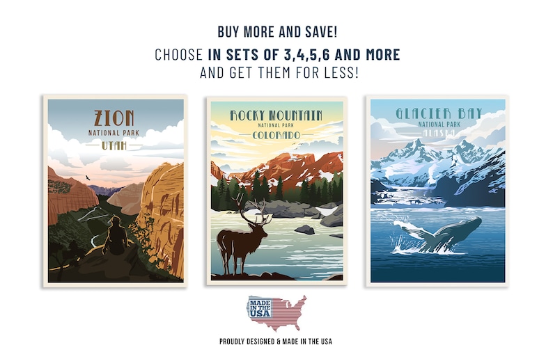 This shows set of 3 wall prints of Zion, Rocky and Glacier Bay National Parks