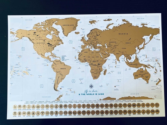 carte du monde à gratter en français (bleu et doré), poster