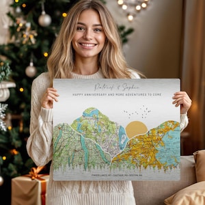 Tin Anniversary Gifts for 10th wedding anniversary. Holiday gift for a couple with mountains and vintage maps. The scene shows a sunset with birds flying. Personalized with names.