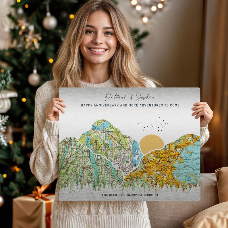 Tin Anniversary Gifts for 10th wedding anniversary. Holiday gift for a couple with mountains and vintage maps. The scene shows a sunset with birds flying. Personalized with names.