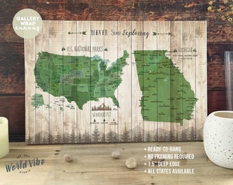 Georgia Gifts, Sate Parks of Georgia, Hikers gifts, State Park wall art, Push Pin Canvas Map, State parks decor, GA decor, Cotton gifts