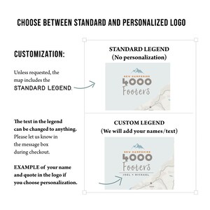 May include: A graphic showing two options for a map legend. The standard legend shows "New Hampshire 4000 Footers". The custom legend shows "New Hampshire 4000 Footers" with the names "Joel + Michael" added.