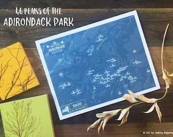 46 high peaks, Adirondack Decor, High peaks, Hiking Map, New York Hiking, US Heritage Map, Paper Anniversary, Gift for Dad, Adirondack map