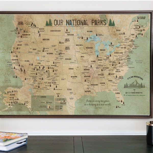National Park Push Pin Travel Map, 63 USA National Parks and Monuments Included, Travel Map, Gift for Hiker and Traveler, Framed Option