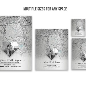 May include: A set of personalized anniversary art prints in various sizes. The prints feature a map design with a heart-shaped cutout showcasing a couple. Text includes "Where it all began," names, and "Happy 10th Anniversary."