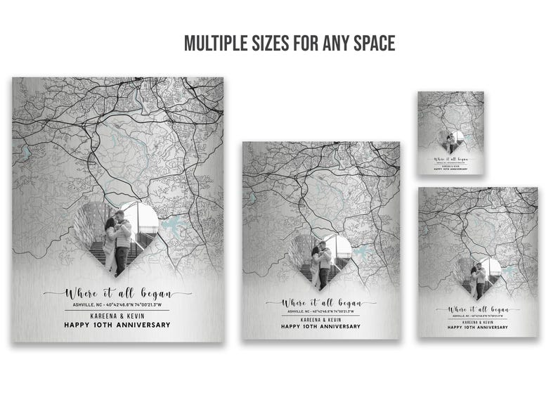 May include: A set of personalized anniversary art prints in various sizes. The prints feature a map design with a heart-shaped cutout showcasing a couple. Text includes "Where it all began," names, and "Happy 10th Anniversary."