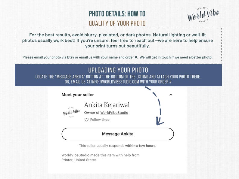 May include: A white graphic with text about photo quality and uploading instructions. The text includes "World Vibe" and "Message Ankita". The seller, Ankita Kejariwal, is also featured.