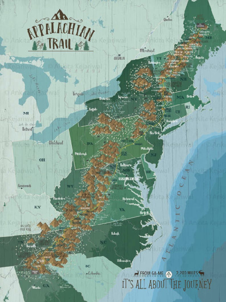Carte du sentier des Appalaches, carte de randonnée, carte d'aventures en plein air, montagne des Appalaches, décoration rustique, art mural nature, cadeau papa randonneur image 3