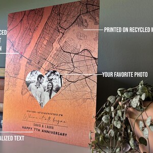May include: A personalized metal print with a map of New York City. The print features a heart-shaped photo of a couple and the text "Where it all began." The print is printed on recycled metal and has a personalized text section.