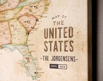 Personalized USA Travel Map: Vintage Push Pin Canvas