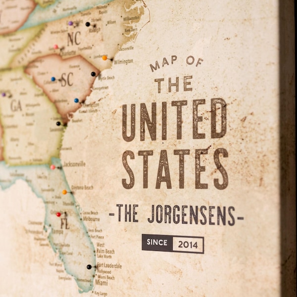 Personalized USA Travel Map: Vintage Push Pin Canvas