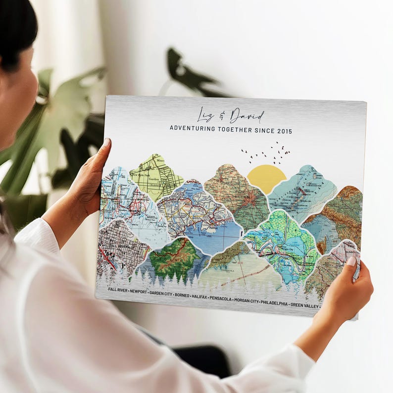 Tin anniversary 10 year gift for wife, mountain with maps