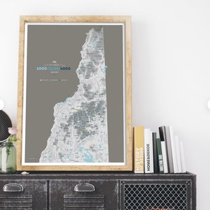 New Hampshire Map, New Hampshire Art, 4000 Footers, 2000, 3000 Footers, White Mountain Poster, Push Pin Option, Many Sizes, WVS, NEW