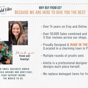 May include: A collage of images showcasing a small business owner's Etsy shop. The image includes a photo of the owner, a photo of a customer wearing a product, and text that reads "Why Buy From Us? Because we are here to give you the best." The text also includes a list of reasons to buy from the shop, such as "Over 14 years on Etsy and Online", "Over 50,000 Sales combined and 5 Star reviews across our shops", "Proudly Designed & MADE IN THE USA (Located in a charming town in PA)", "Multiple rounds of proofs sent", "Ankita is a professional designer and designs each piece herself", and "We replace damaged items for free."
