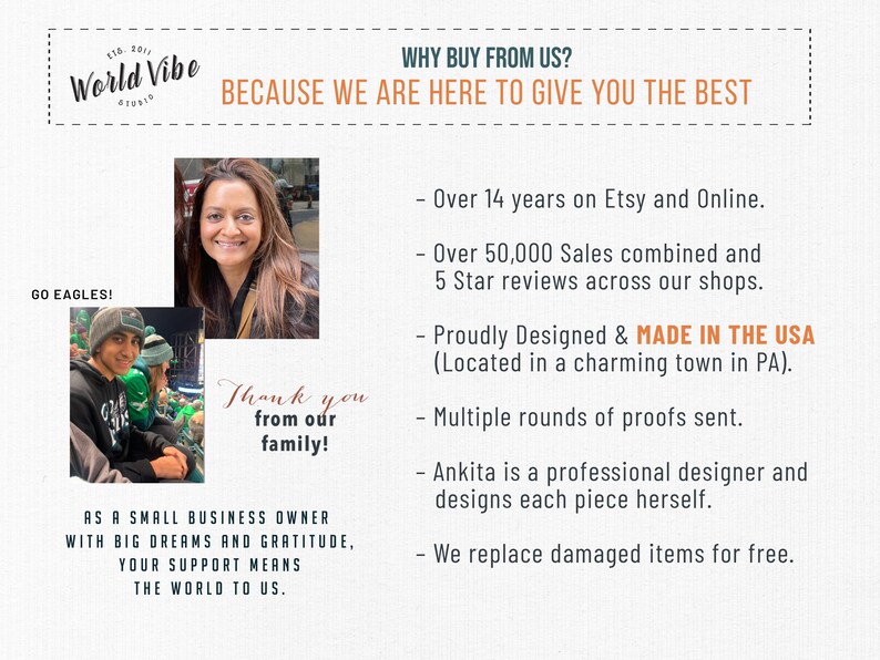 May include: A collage of images showcasing a small business owner's Etsy shop. The image includes a photo of the owner, a photo of a customer wearing a product, and text that reads "Why Buy From Us? Because we are here to give you the best." The text also includes a list of reasons to buy from the shop, such as "Over 14 years on Etsy and Online", "Over 50,000 Sales combined and 5 Star reviews across our shops", "Proudly Designed & MADE IN THE USA (Located in a charming town in PA)", "Multiple rounds of proofs sent", "Ankita is a professional designer and designs each piece herself", and "We replace damaged items for free."