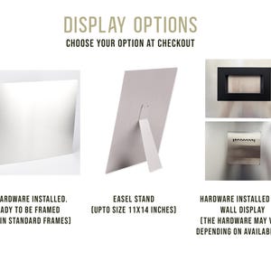 May include: Image showcasing display options for artwork. Options include no hardware for framing, an easel stand (up to 11x14 inches), and hardware for wall display. Text reads "DISPLAY OPTIONS" and "CHOOSE YOUR OPTION AT CHECKOUT."