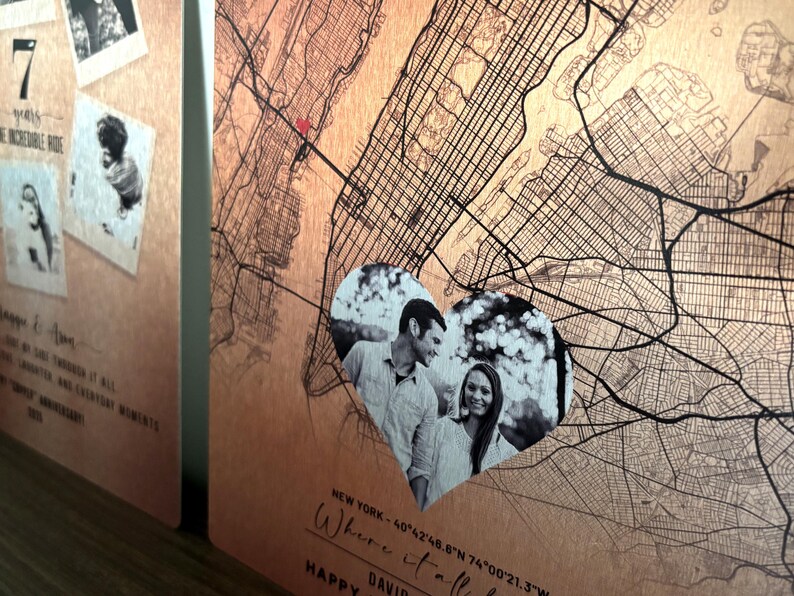 May include: A copper-colored map of New York City with a heart-shaped overlay featuring a couple. The map includes the coordinates "40&deg;42'48.8"N 74&deg;00&prime;21.3"W" and the text "Where it all..." and "HAPPY DAVID".