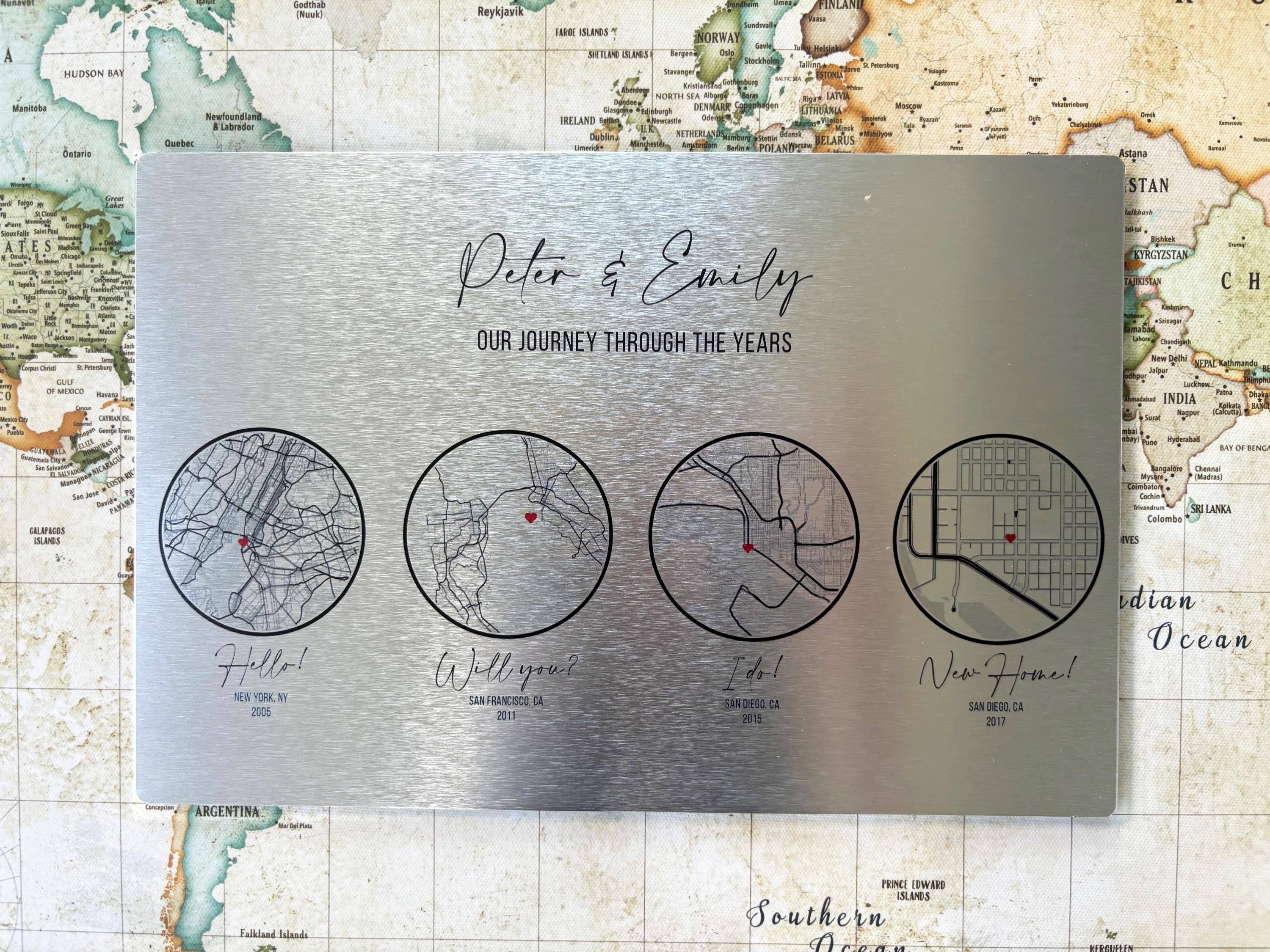 25 Year Anniversary Gift for Him, Custom Maps on Tin/silver