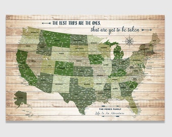 Push Pin Map, USA Travel Map, Push Pin Travel Map, Custom Map Gift, Custom Map Print, North America Map, Canvas Wall Art, Many Sizes