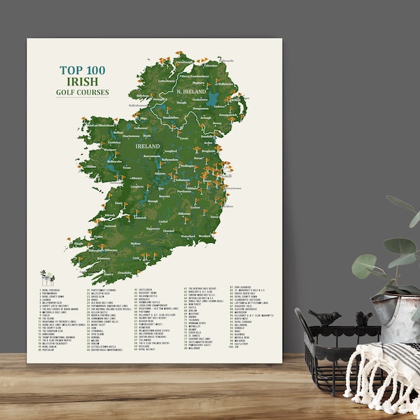 Ireland Poster, Irish Golf Greatest 100 Map, Golf Gifts for Men, Golf Gifts for Women, Personalized Gift, Push Pin Map, Gifts for Golfer