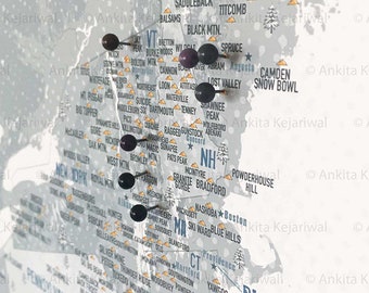 Décoration de ski, carte des stations de ski, cadeau pour skieurs, carte à épingles sur toile, carte des pistes de ski, décoration de bureau à domicile, cadeau de snowboarder, stations de ski des États-Unis