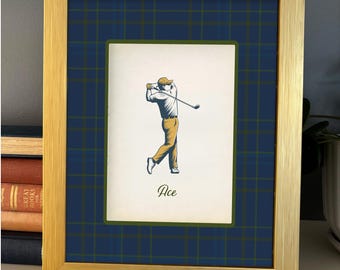 Golf Wall Art Set, Golf Gift for Men, Vintage Golfer Decor, Plaid Eagle Birdie Ace, Scotland Tartan Gift for Dad