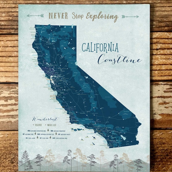 California Coast, Push Pin Board, California Wall Art, California Map, California Print, California Road trip, Many Sizes