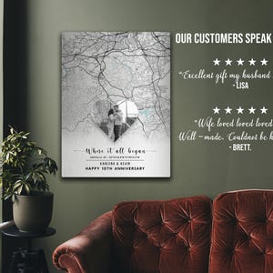 May include: A black and white canvas print with a map design and a heart-shaped cutout featuring a couple. Text reads "Where it all began" and "Happy 10th Anniversary". Customer reviews are also displayed.