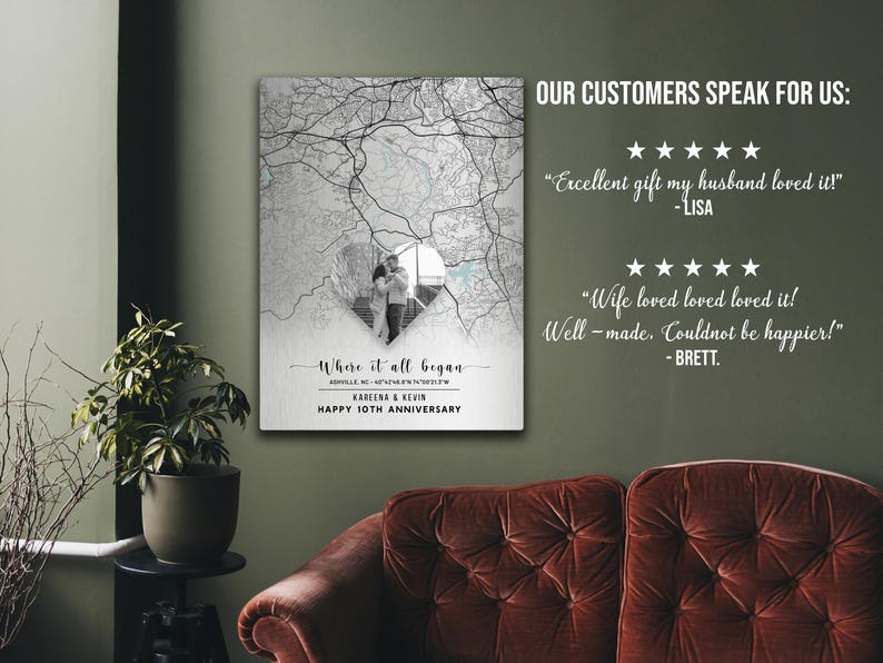 May include: A black and white canvas print with a map design and a heart-shaped cutout featuring a couple. Text reads "Where it all began" and "Happy 10th Anniversary". Customer reviews are also displayed.