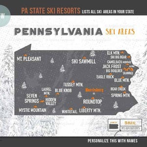 PA Ski Resorts, Map for Skiers, Pennsylvania Ski Map, Home office decor, Adventure Sports decor, Map for brother, Teenager Decor, PA Skiing