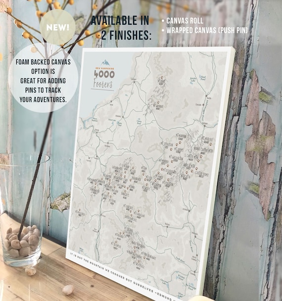 Personalized New Hampshire 4000 Footer Map: Hiking Push Pin Board