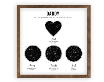 May include: A black and white printable wall art design with a heart and three circles. The heart and circles are filled with a constellation pattern. The text reads "Daddy, We love you more than all the stars in the sky."  The text below the heart reads "Dad, Dublin, Ireland, 06.9.1965". The text below the circles reads "Avery, Royersford, PA, 8.07.1974", "Jenelle, Royersford, PA, 00.26.1978", and "Josh, Paoli, PA, 00.22.1904".