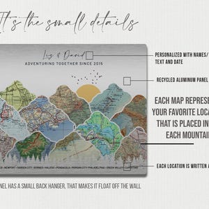 May include: A personalized metal wall art piece featuring a mountain range made of maps. Each mountain represents a favorite location with the name of the location written at the bottom. The text "It's the small details" is at the top of the image. The text "Ling & David Adventuring Together Since 2015" is in the center of the image.