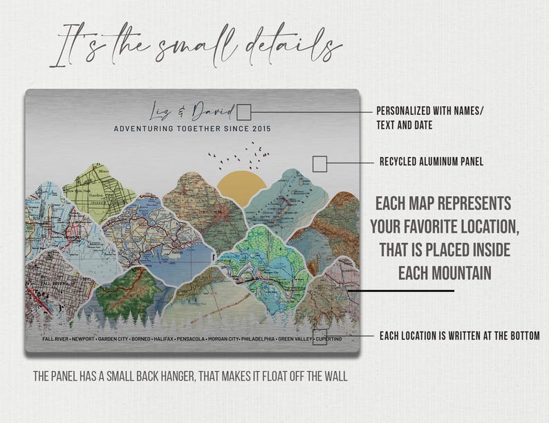 May include: A personalized metal wall art piece featuring a mountain range made of maps. Each mountain represents a favorite location with the name of the location written at the bottom. The text "It's the small details" is at the top of the image. The text "Ling & David Adventuring Together Since 2015" is in the center of the image.