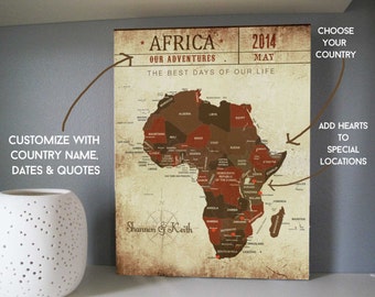 Map of Africa, Africa Map Anniversary Gift, Choose your Location, US canvas map, Gift for Husband, Wife, Maps with hearts, adventure map