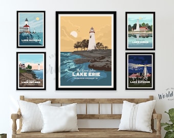 Lake House Decor, Lake Huron, Lighthouse Art, Lighthouse Decor, Lake Superior, Travel Posters, Great lakes of America, Great Lakes, Unframed