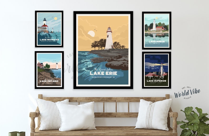 Lake House Decor, Lake Huron, Lighthouse Art, Lighthouse Decor, Lake Superior, Travel Posters, Great lakes of America, Great Lakes, Unframed image 1