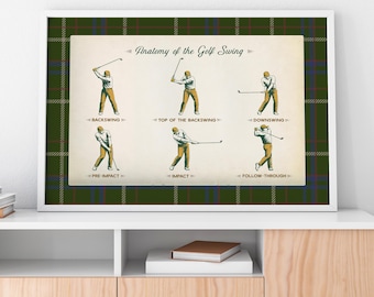 Vintage Golf Swing Anatomy Art Print, Scotland Tartan Border