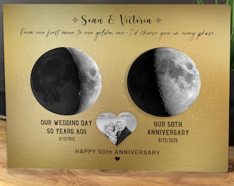 50th Anniversary Gift for Parents, 50th Wedding Gift for Couple Friend, Moon Phase Gift for Him Her, Golden Gift for Husband, Metal Print