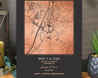 7th Anniversary Gift, Traditional Copper Anniversary Gift for Him – Personalized Custom City Map on Metal, Gift for Wife, Where We Met Art