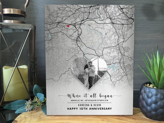 10th Anniversary Gift for Wife, Custom Location Map with Heart, Tin Anniversary Gift for Him, 10th Traditional Aluminum Print, City Map