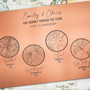 May include: A copper-colored metal plaque with the text "Emily & Chris OUR JOURNEY THROUGH THE YEARS HAPPY 7th ANNIVERSARY." Four circular map illustrations mark locations with text: "Hello! New York, NY 2016," "Will you? San Francisco, CA 2017," "I Do! San Diego, CA 2018," and "Us Today! San Francisco, CA 2025."