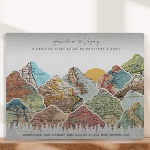 Tin Anniversary gift idea. Vintage maps tucked inside mountains with sun. Personalized for him or her.