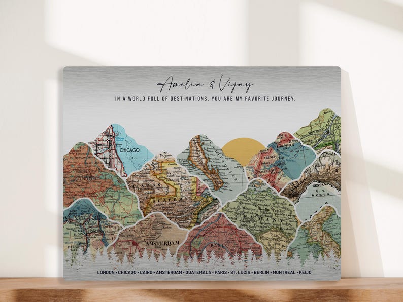 Tin Anniversary gift idea. Vintage maps tucked inside mountains with sun. Personalized for him or her.
