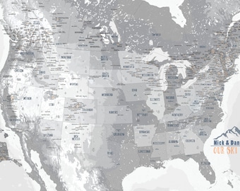 May include: A gray and white map of the United States with orange dots marking locations. The text "Nick & Danielle OUR SKI MAP" is in the bottom right corner.