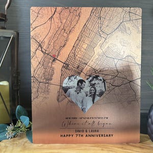 Cadeau de 7e anniversaire pour mari, cadeau en cuivre pour lui, carte de localisation personnalisée avec coeur, impression traditionnelle sur aluminium pour femme, plan de ville personnalisé
