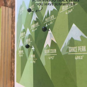 May include: A green and white illustrated map of mountains with black push pins marking the peaks. The text "PUSH PINS TO TRACK PEAKS YOU HAVE SUMMITTED" is at the top of the map.