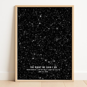 May include: A framed print featuring a star map against a black background. The text "THE NIGHT WE SAID I DO" is displayed, along with location and date details: Palm Beach, FL, June 16, 2025. The print is in a light wood frame.