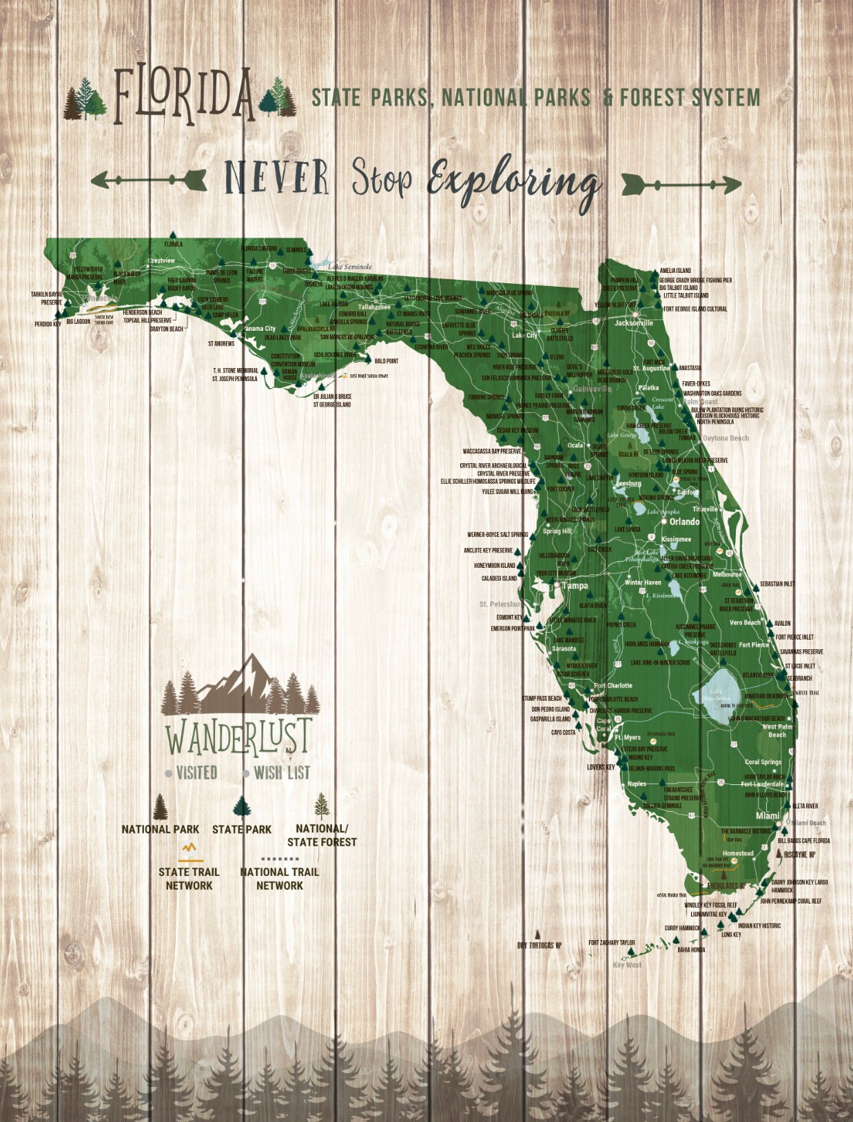Florida State Parks Map Florida State Gift State Parks Map Florida Wall Art State | Etsy